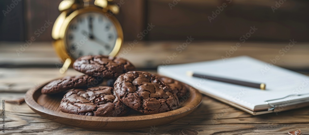 Aufkleber an aesthetic scene with homemade dark chocolate brownie cookies on a wooden plate and a vintage gold