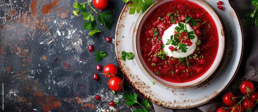 Poster close-up of a plate with delicious borscht soup, with ample copy space image.