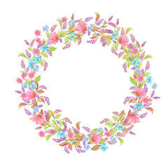 floral wreath with stylized branch of lilac and tiny wild flowers. watercolor painting