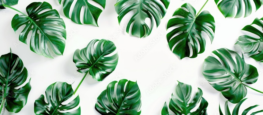 Poster top-view tropical green monstera leaves and branches forming a pattern against a white background, i