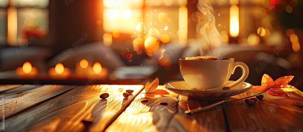 Aufkleber Time for a relaxing break with a warm cup of coffee. Add a touch of coziness to your day with this inviting image, a charming coffee scene with copy space image.