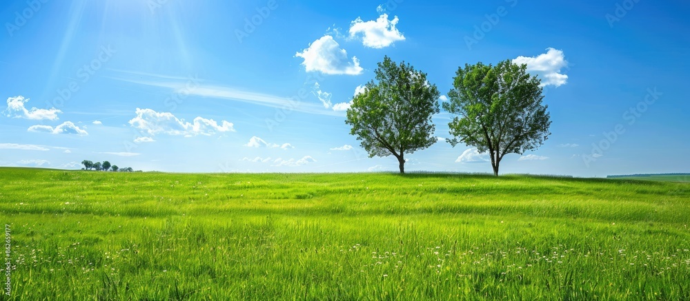 Poster scenic view of a green summer landscape with a couple of trees in a lush meadow under a clear blue s