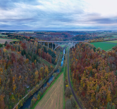 Aerial view of Autumn Bridge River Black Forest, Rottweil, Germany.