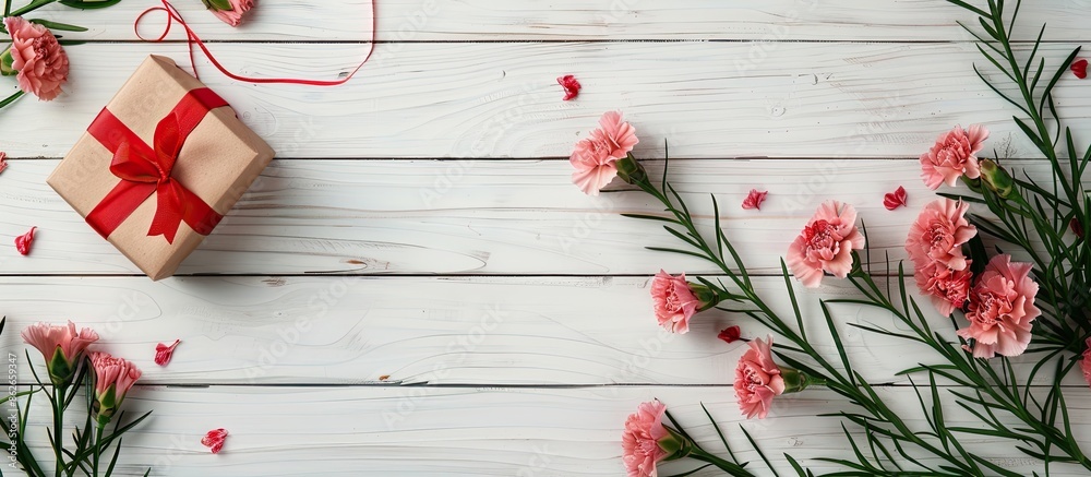 Poster top view image of carnations and a gift box on a white wooden background with a copy space for mothe