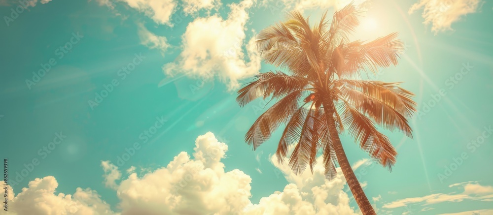 Poster tropical palm tree with sunlight against a blue sky and clouds creates a serene background for vacat