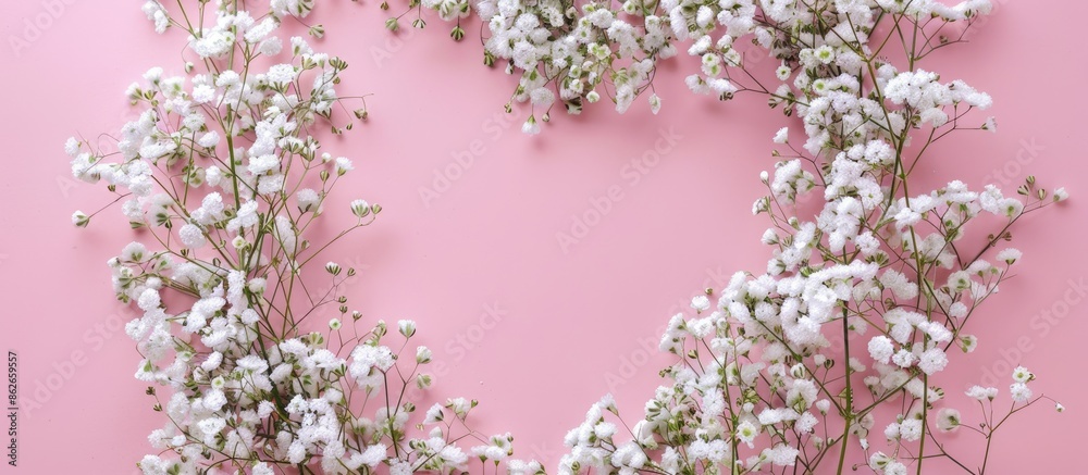 Aufkleber view from above showing a heart-shaped design made of gypsophila flowers on a pink backdrop with spa