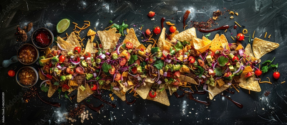 Poster A display of nachos positioned centrally in the photograph, captured horizontally with a textured layer, creating an appealing copy space image.
