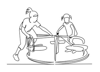 continuous single drawn one line children spin on a carousel hand-drawn picture silhouette. Line art. carousel