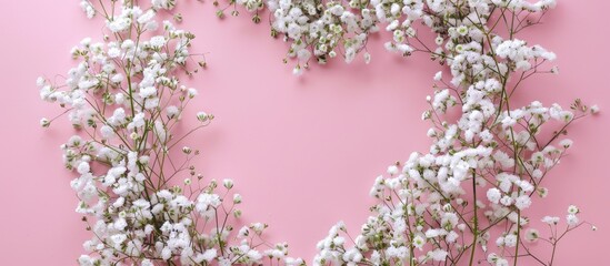 View from above showing a heart-shaped design made of gypsophila flowers on a pink backdrop with space for additional content.