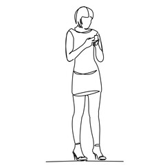 continuous line drawing of sitting young woman reading smart phone. Doodle