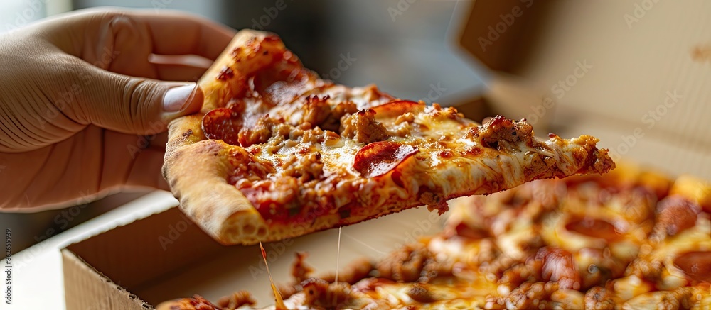 Poster Close-up shot of a hand holding a slice of meat pizza in a box with copy space image included.