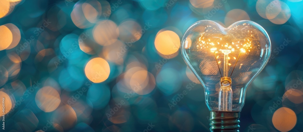 Fototapete Blurred silver heart-shaped light bulb on a vibrant bokeh background with copy space image.