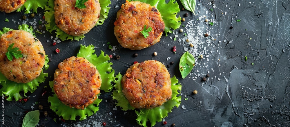 Poster Vegetarian cutlets displayed on a grey surface, flat lay composition with room for text in the image. Copy space image. Place for adding text and design