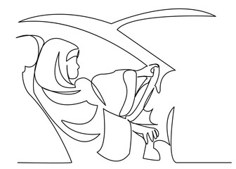 one line continuous painted muslim woman driving a car drawn by hand silhouette picture. Line art. character female Muslim woman in the zijab at the wheel. doodle