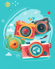 Fototapeta premium Colorful Cameras with Globe Illustration