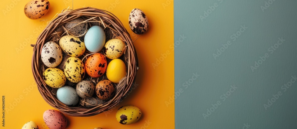 Aufkleber Top view of Easter and quail eggs in various colors in a wicker basket on a stylish napkin against a yellow backdrop in a flat lay style with copy space image.