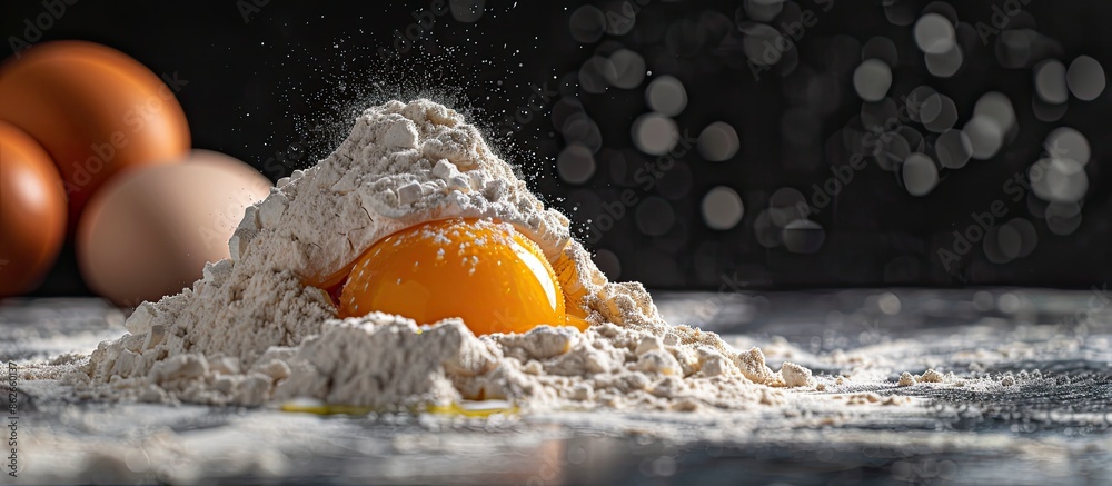Poster a vibrant image of a chicken egg coated in flour, showcasing the rich hues of the yolk and wheat flo