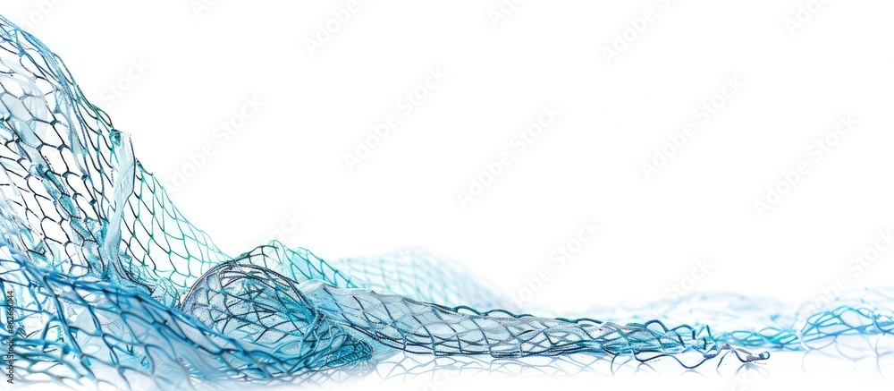 Poster Isolated on a white background, a fishing net frame stands with copy space image.
