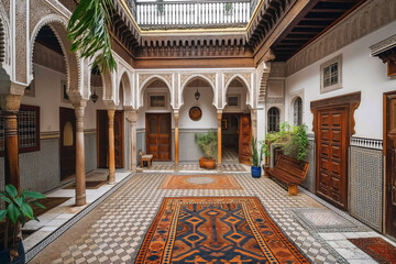 Typical Moroccan Riad House with Walls Full of Brown Mosaic and Carpets: Traditional Interior Design in Fes, Reflecting Rich Cultural Heritage of Morocco
