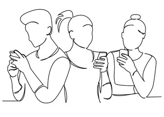continuous single drawn one line teenagers in phones hand-drawn picture silhouette. Line art. teenagers playing phone, chateca