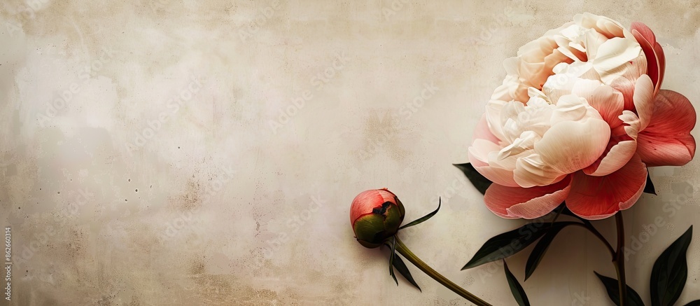 Aufkleber a beautiful peony with a bud and a leaf next to copy space image for a holiday greeting card.