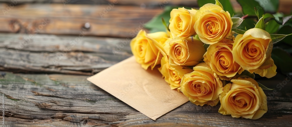 Wall mural A beautiful bouquet of yellow roses on a wooden table with a card template suitable for Valentine's or Women's Day, featuring copy space image.