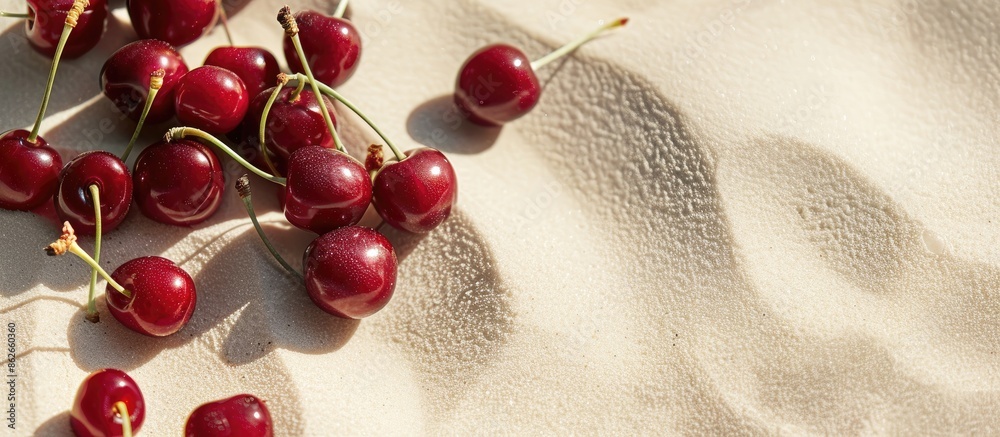 Aufkleber Cherries on a sandy beach background with a copy space image for a minimalist and creative summer fruit art arrangement.