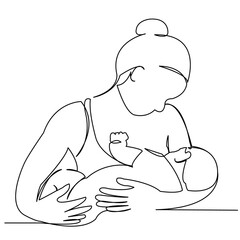 continuous single drawn one line woman is breastfeeding a child drawn picture silhouette. Line art....