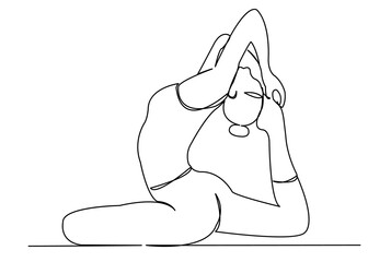 one continuous drawn line of yoga drawn from the hand picture silhouette. Line art. character female athlete
