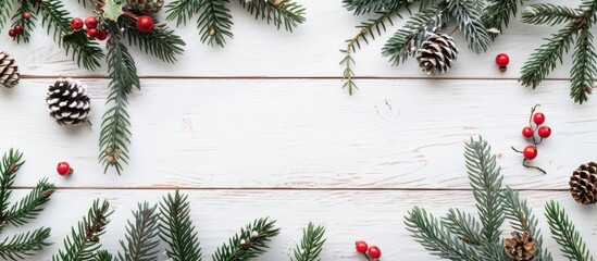 New Year and Christmas theme depicted on a white wooden backdrop with fir branches, cones, and copy space image.