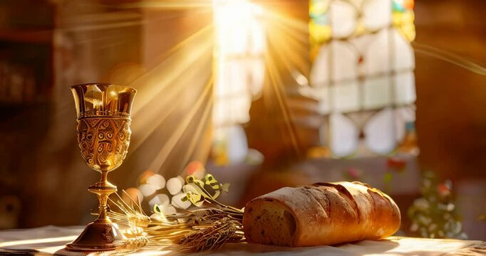Altar with golden chalice and fresh bread in warm sunlight, representing unity and communion