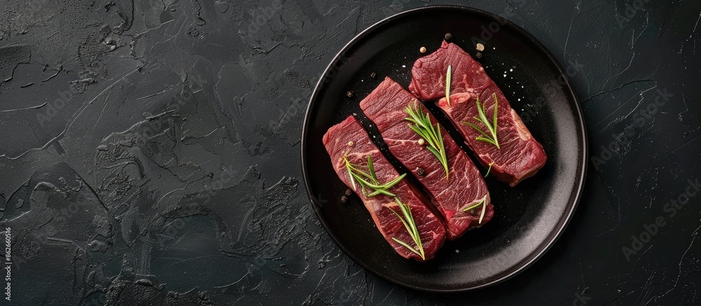 Poster top view of a plate with garnished striploin or new york beef steaks on a black background, with amp