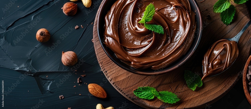 Poster a wooden board topped with hazelnut chocolate spread on a black backdrop provides a striking copy sp