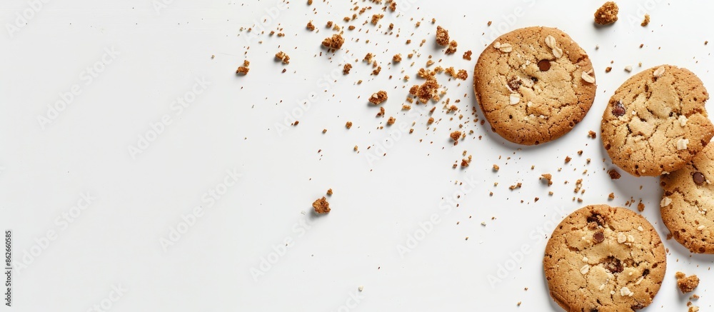 Poster Cookies leaving a trail of crumbs on a blank background with empty space for text or graphics - a perfect copy space image.