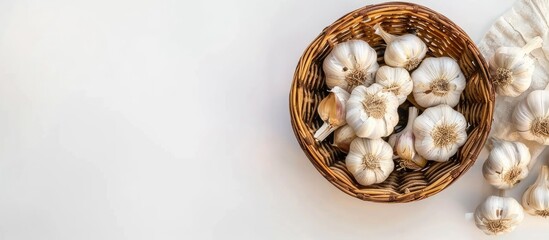 A top-down view of garlic displayed in a rattan bowl against a white backdrop, featuring copy space for text alongside, emphasizing a cooking theme.