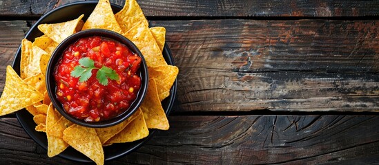 Mexican tortilla chips with salsa on a dark wooden table, a traditional Mexican dish, set against a dark background with copy space image.