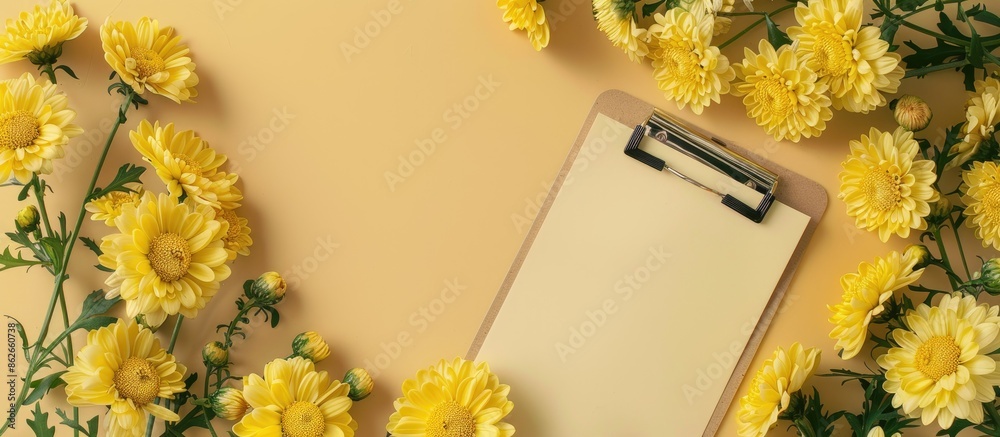 Leinwandbilder top view of a beige background with a clipboard featuring a blank paper and yellow chrysanthemums, i