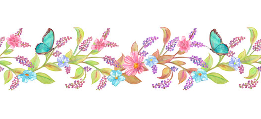 horizontal seamless border with stylized branch of lilac, tiny wild flowers and butterflies. watercolor painting