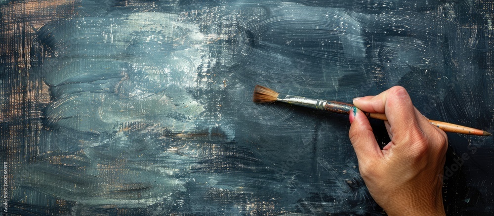 Aufkleber a hand is gripping an aged paintbrush against a blackboard background, creating a visually appealing