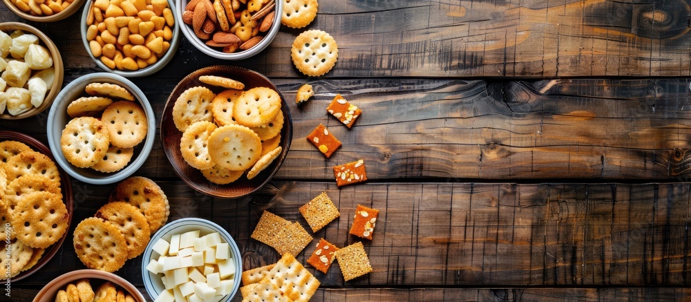 Poster a wooden background with a variety of delicious crackers, cheese, and snacks displayed, providing an