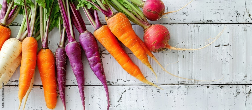 Poster fresh carrots and turnips arranged nicely on a white wooden table, providing a perfect copy space im