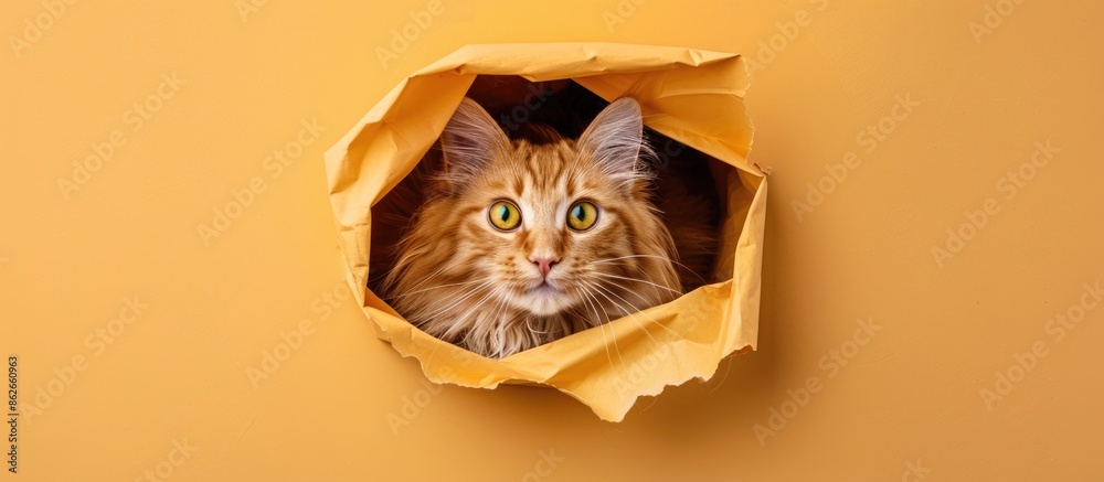Poster A fluffy red cat with captivating green eyes peeking through a hole in the paper against an orange background, creating a charming copy space image.
