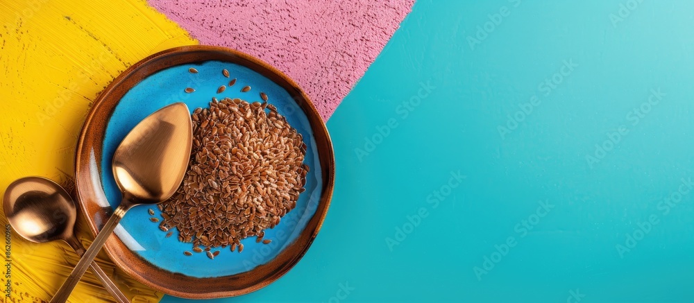 Poster flax seeds on a tray beside a spoon on a colorful background with copy space image.