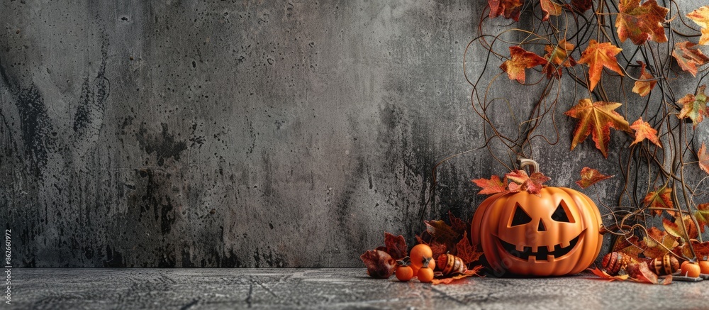 Poster A Halloween-themed arrangement featuring a jack-o'-lantern decoration displayed on a concrete surface, with space for adding text or other images. Copy space image. Place for adding text and design