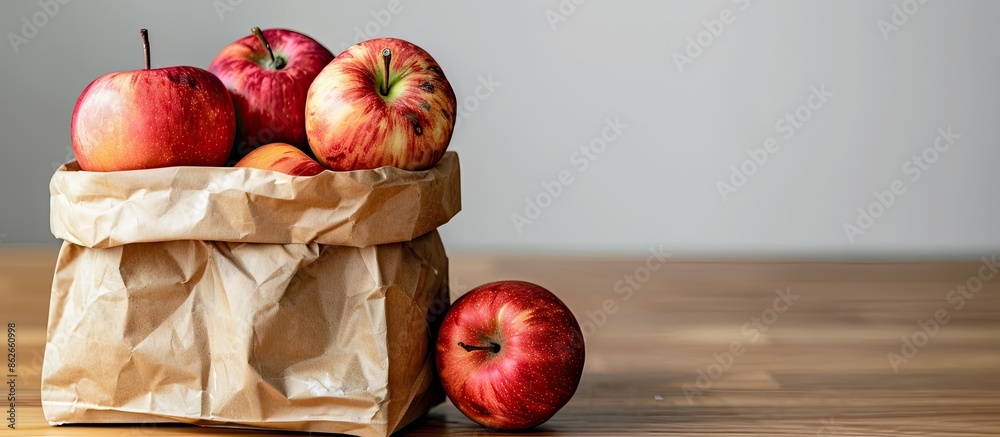 Aufkleber On a kitchen table, there is a paper bag filled with fresh and juicy apples, next to an empty space for text or other content in an image. Copy space image. Place for adding text and design