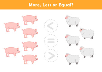 Fototapeta premium Comparison Worksheet with Cute Cartoon Farm Animals for Kids. Counting Games for Preschoolers. More or Less Worksheet for Kindergarten.