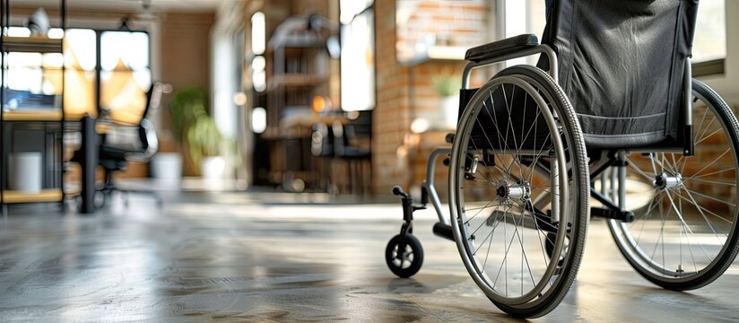 Partial view of a wheelchair-bound employee at a table in the office with a copy space image.