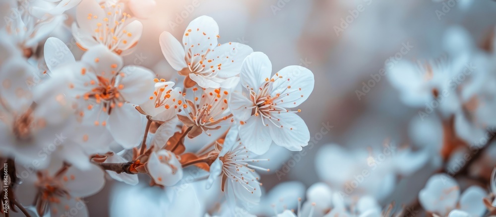 Aufkleber close-up photo of white cherry flowers with a small depth of field, perfect for a copy space image i