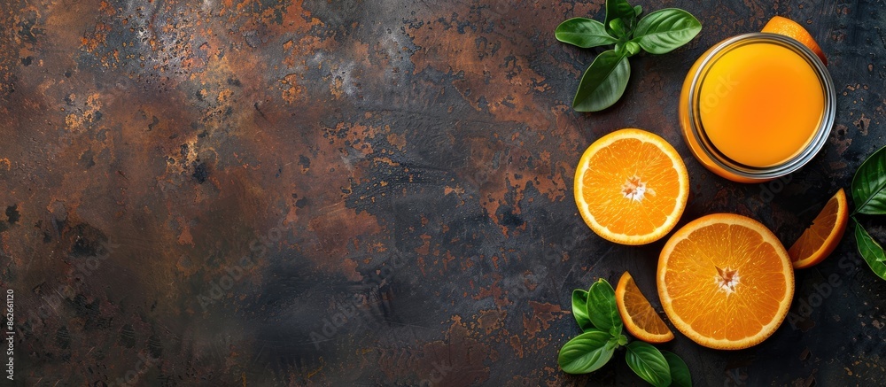 Poster Rustic top view copy space image of a fresh orange juice as a natural appetizer on a table.