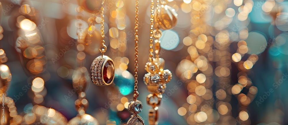Poster jewelry displayed against a background with copy space image.